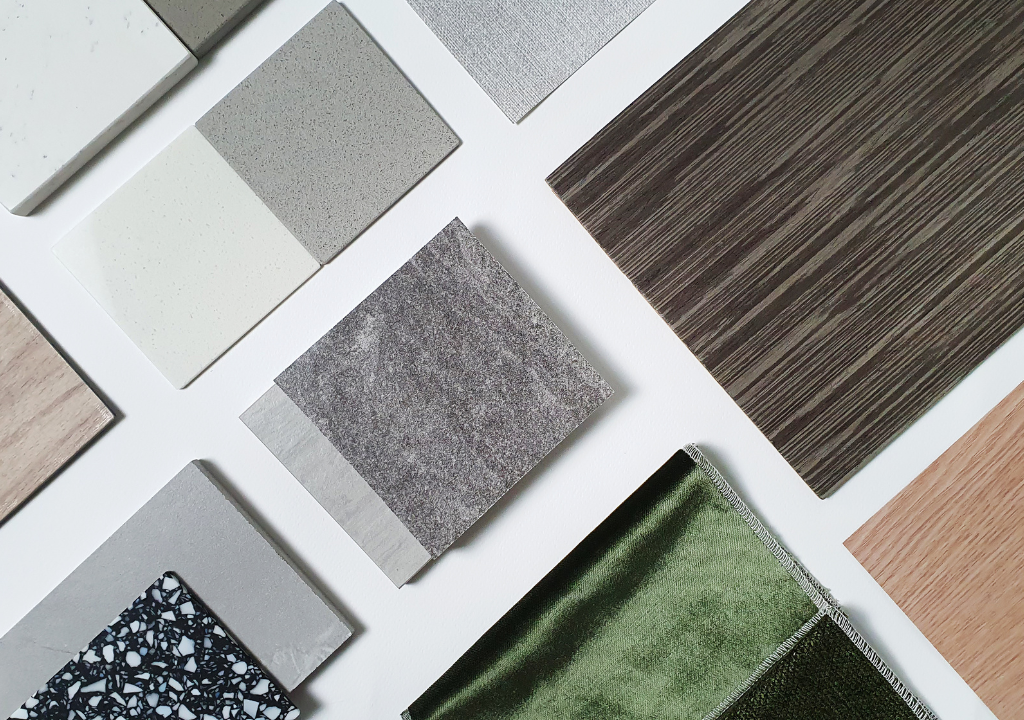 Remodeling materials of tile, fabric, and wood flooring samples