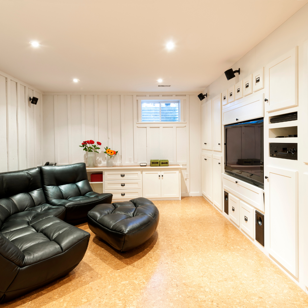 entertainment room from finished basement remodel