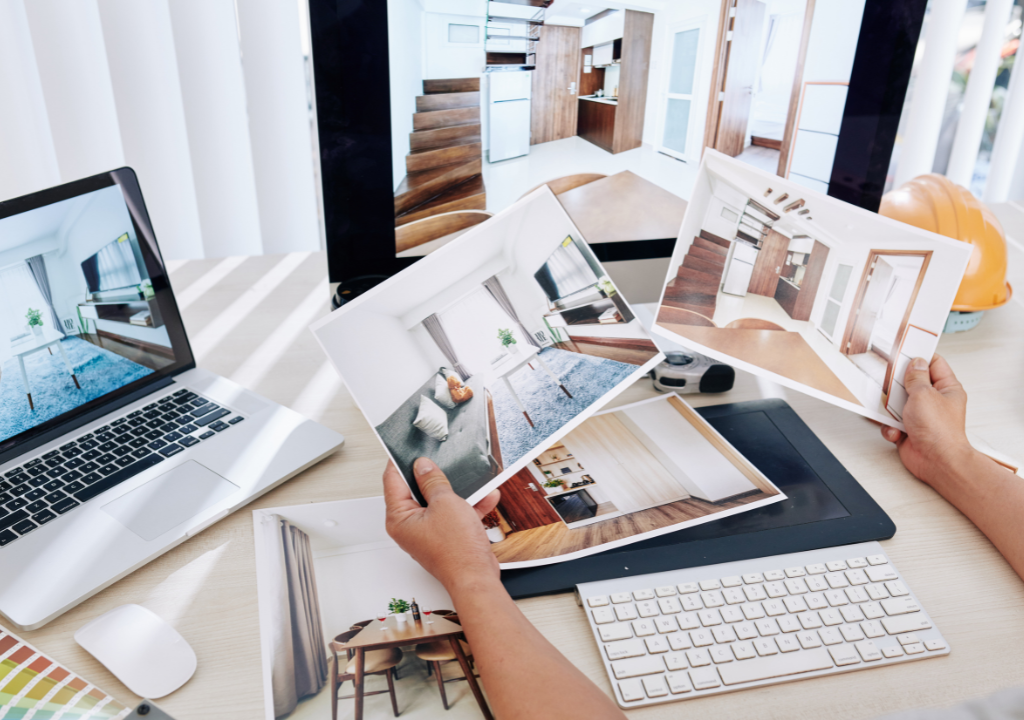 Renovation and remodeling planning scene with computers and images